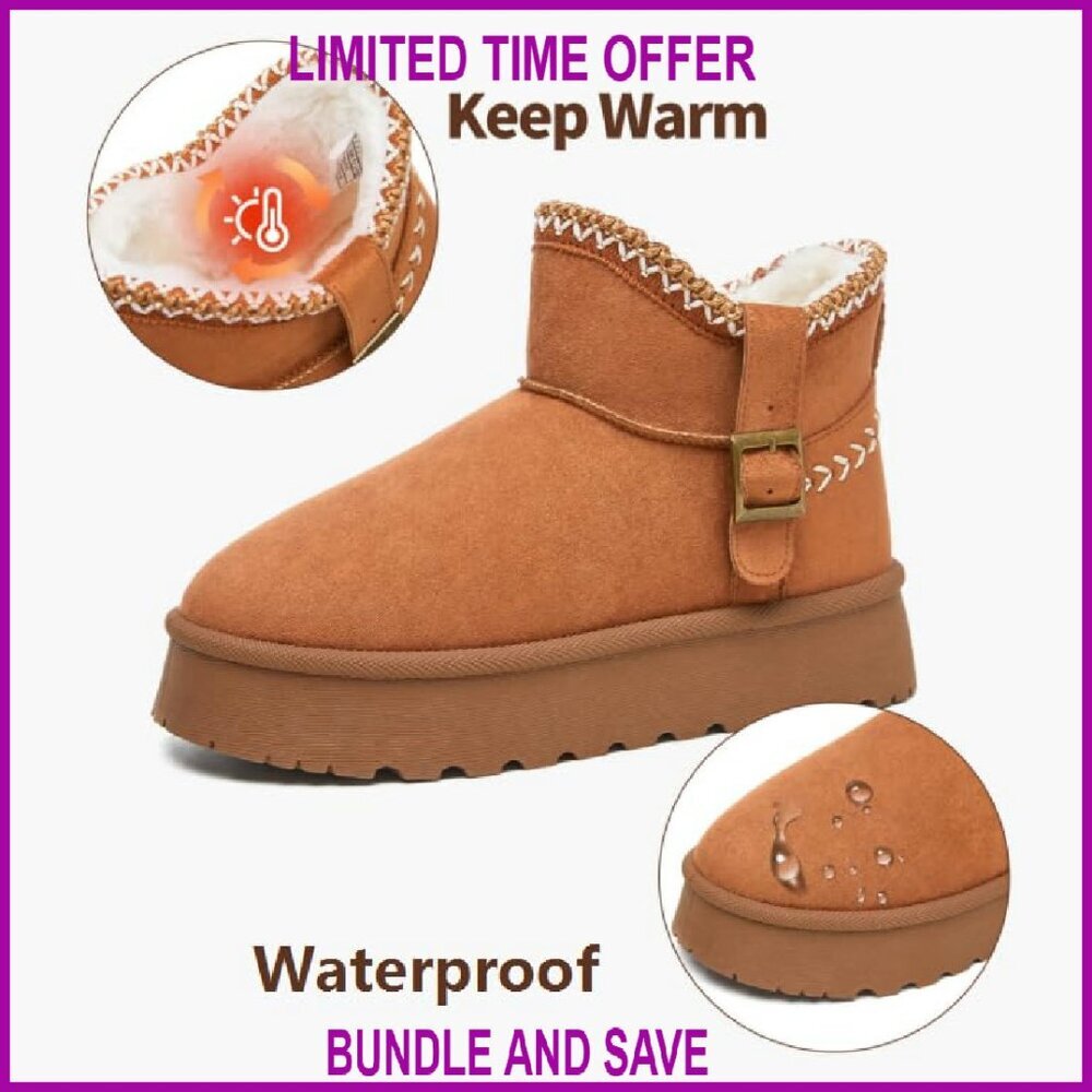 Waterproof Snow Boots Women's Fur Lined Ankle Boots Platform Non-Slip Winter - Picture 3 of 8